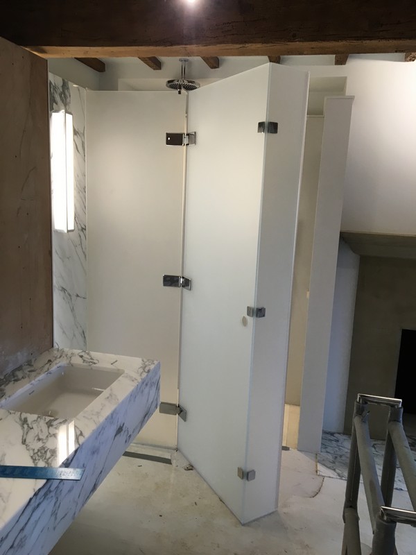 Bespoke frosted glass shower enclosure in Barnet luxury bathroom